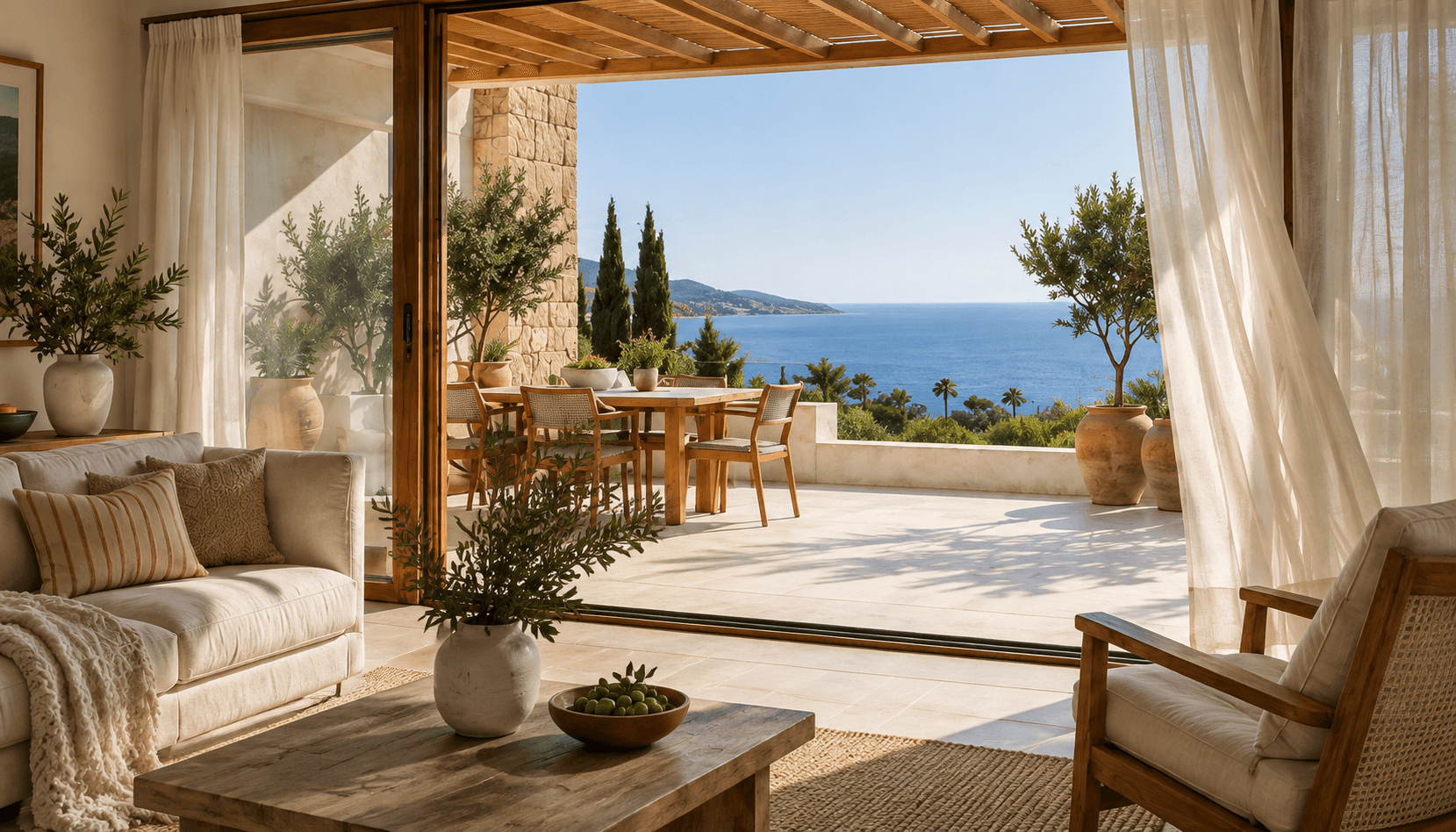 A sunlit Mediterranean living room opening onto a terrace and the sea