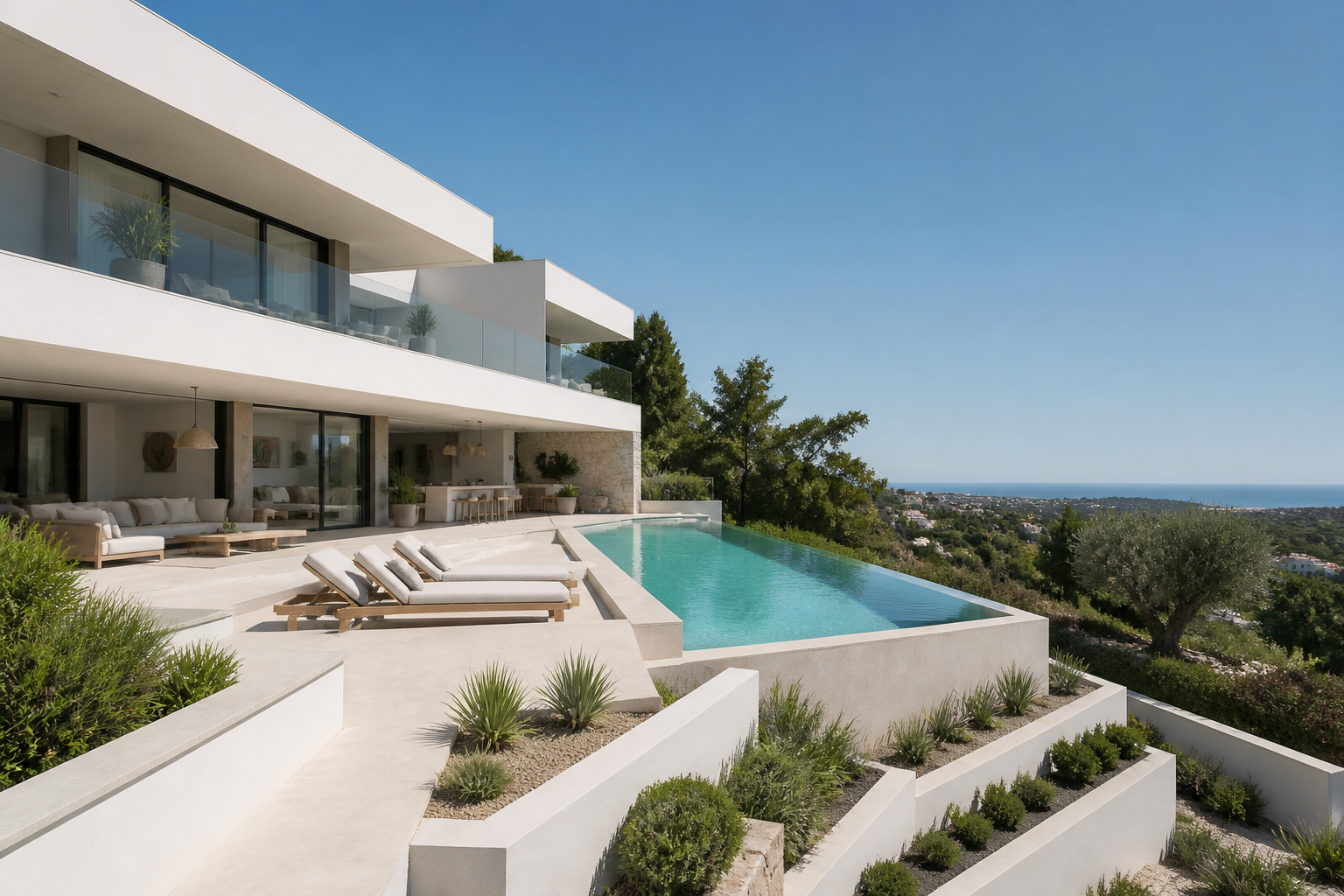Contemporary Mediterranean villa with glass balconies, stone terraces and a pool